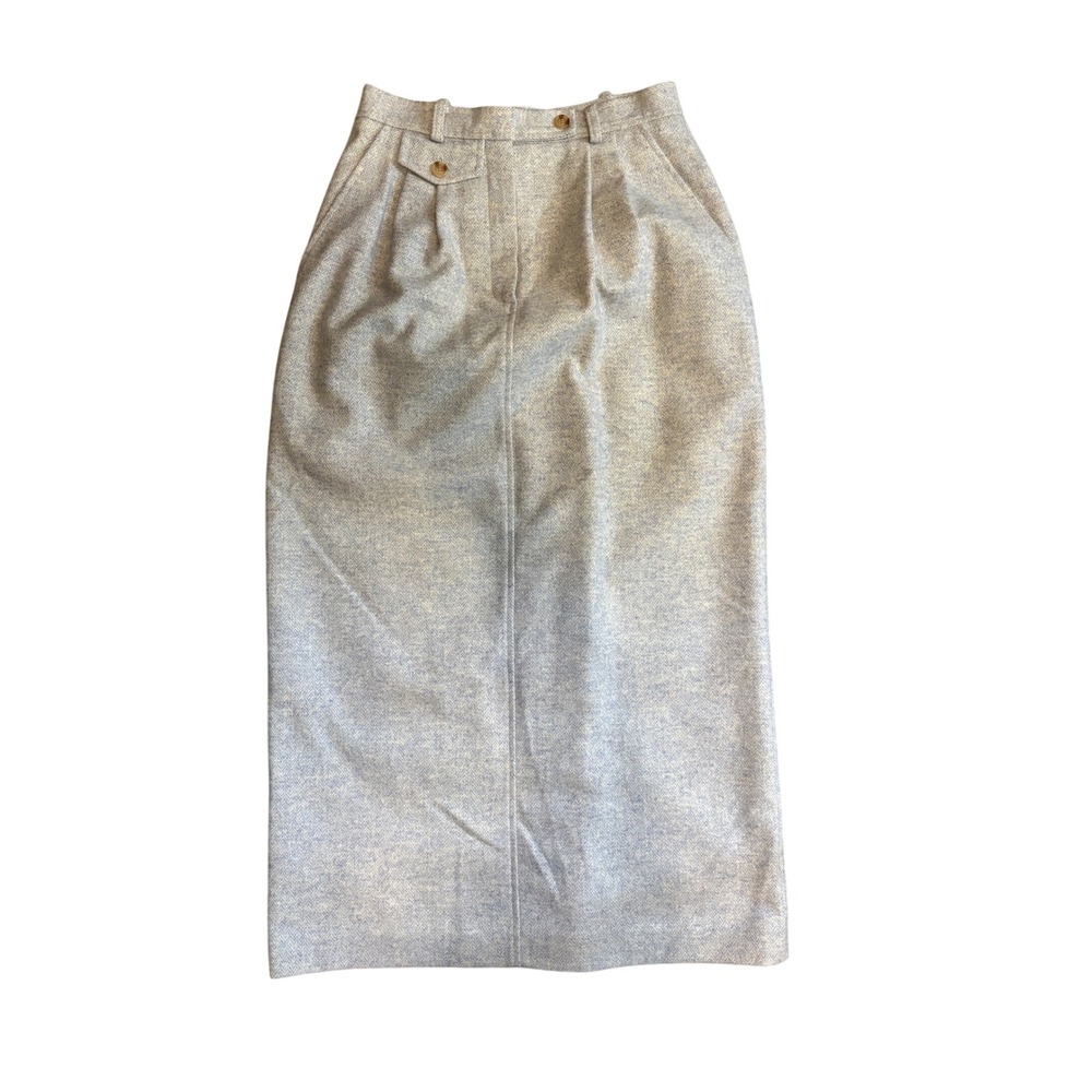 Orvis 4P Wool Silk Herringbone Maxi Pencil Skirt Blue Ivory Tweed Petite